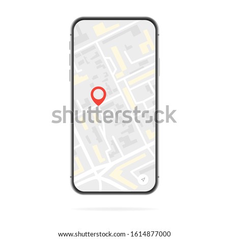 Smartphone with a map on the phone screen and a red GPS dot, isolated on a white background. Vector illustration of location search.