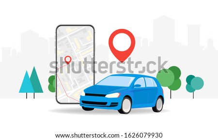 Concepts Online ordering a taxi car using the mobile application service. Smartphone screen on the background of the city with the location of the route and points on the map. Vector illustration.