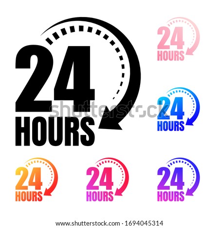 Twenty-four hours are open or open around the clock. Colored icons. A 24-hour icon to complete an order or delivery. Vector illustration of the time. For website UI use 24 Hours Flat Vector Icon Sign.