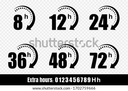 8, 12, 24, 48 and 72 hours clock arrow vector icons. Delivery service, online deal remaining time website symbols. Vector illustration.