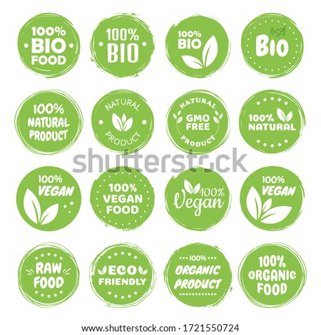 Organic food labels. Fresh eco vegetarian products, vegan label and healthy foods badges. Veganism logo, vegans diet sticker or ecological food product stamp. Vegetarian eco green concept.