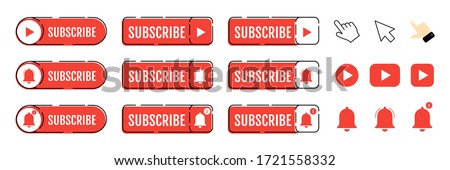 Subscribe, call button and hand cursor. Red button for subscribing to a channel, blog. Social network web button, channel element, video content. Social media concept. Marketing. Vector illustration.