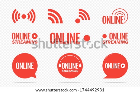 Live streaming logo - red vector design element with play button for news and TV or online broadcasting. Vector illustration.