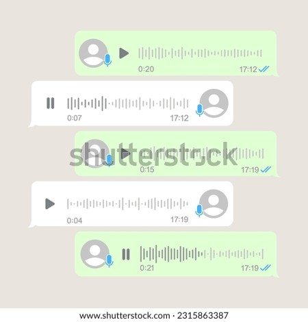 Audio record concept. Voice messages set. Record voice message for phone correspondence. Voice messages with sound wave for social media chat. Vector illustration on a white background.	