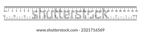 The ruler is yellow, marked in centimeters, inches and combined rectangular shapes. Graduation inch line. Vector graphics.