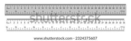 Ruler marked with centimeters, inches and combined rectangular shapes. Output inch line. Vector graphics on a white background.