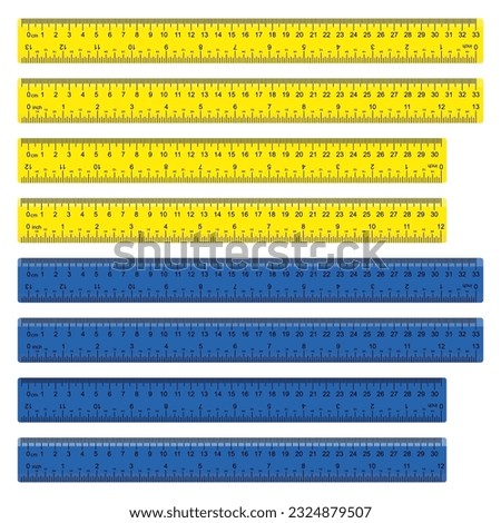 A yellow ruler marked with centimeters, inches and combined rectangular shapes. Output inch line. Vector graphics on a white background.
