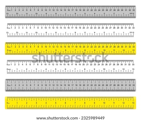 
A yellow ruler marked with centimeters, inches and combined rectangular shapes. Output inch line. Vector graphics on a white background.