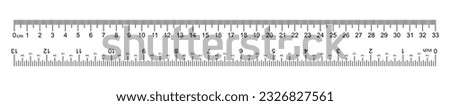 A white ruler marked with centimeters, inches and combined rectangular shapes. Output inch line. Vector graphics on a white background.