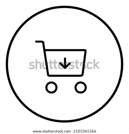 Shopping cart arrow down line icon inside circle, cart decrease cart down, black outline, line icons.