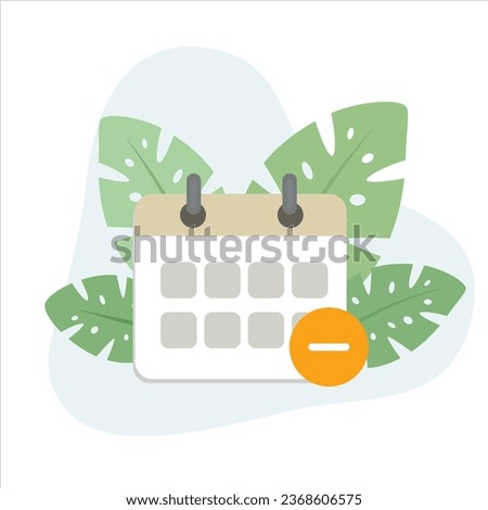 Calendar Remove flat design vector Illustration Icon decorated with leaves for web use for unavailable, schedule, appointment, deadline. 