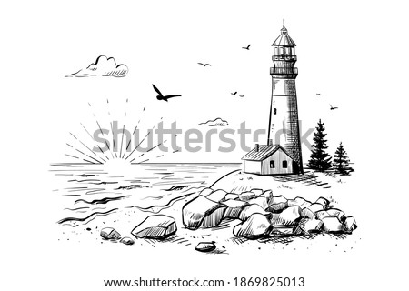 Seascape - view of the coastline, rocks, ocean, waves, lighthouse, house, fir trees. The sun sets over the horizon, the rays illuminate the clouds and a cape with a beacon tower, a sandy shore. Vector
