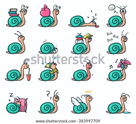 Set of 16 emoji stickers of cute snails in different mood - vector illustration