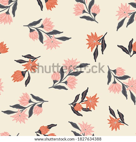 Wild dahlia in two colors seamless vector pattern. Flower branches tossed around in all directions. Pink, orange, grey on off white. Great for home décor, fabric, wallpaper, stationery, design project