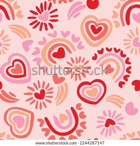 Rainbow love made of cute little hearts in a subtle color palette of pink, coral, peach and red on light pink background. Great for home decor, fabric, wallpaper, gift-wrap, stationery.
