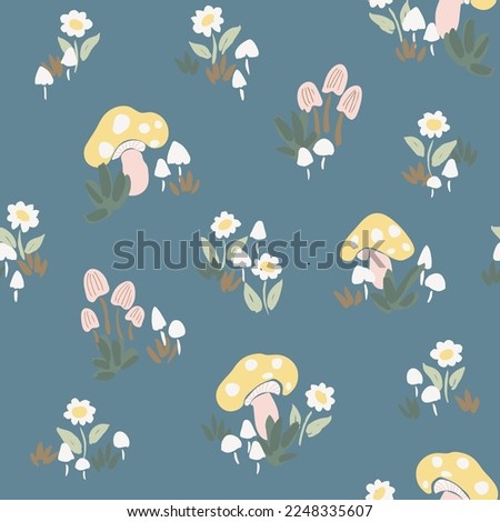 Beautiful garden of mushrooms and little flowers in a color palette of off white, yellow, pink and sage green on pastel blue background. Great for home decor, fabric, wallpaper, gift-wrap, stationery 