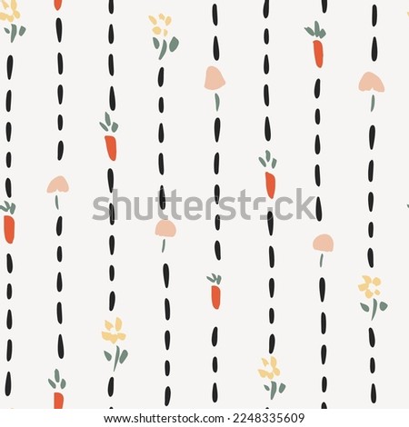 Cute dotted stripes of carrots, mushrooms and flowers forming an easter pattern in orange, pink, yellow and sage on off white background. Great for home decor, fabric, wallpaper, gift-wrap, stationery