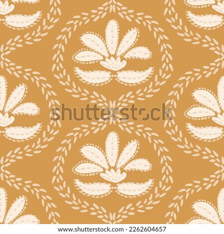 Ethnic hand painted flowers arranged geometrically to form a trellis. Subtle palette of off white and mustard. Great for home decor, fabric, wallpaper, stationery, design projects.
