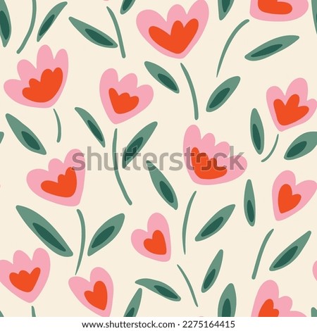 Candy flowers dancing in the wind in pink, red and sage on off white background.  Great for home decor, fabric, wallpaper, gift-wrap, stationery and packaging design projects.
