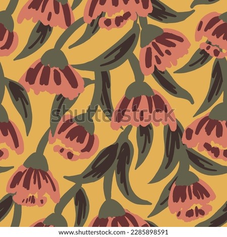 Hand painted eucalyptus flower garden with eucalyptus flowers falling down in pink, peach and sage on yellow background. Great for home decor, fabric, wallpaper, gift-wrap and stationery.
