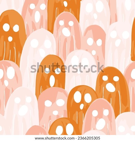 Crowd of cute ghosts forming a seamless vector pattern in a palette of pastel peach, brown and pastel pink over off white. Great for home decor, fabric, wallpaper, gift-wrap, stationery and packaging.