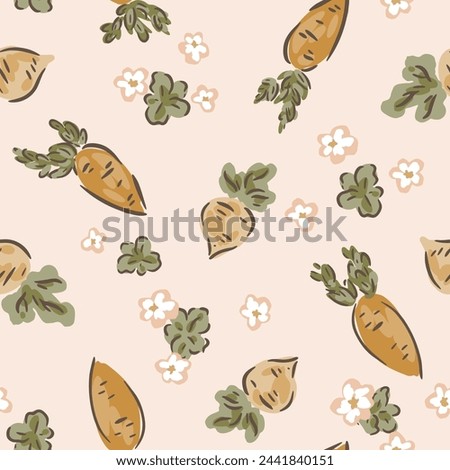 Blooming flowers with carrots and turnips capturing the spirit of Easter and of spring with brown,sage green,off white,beige,cream. Great for homedecor,fabric,wallpaper,giftwrap,stationery,packaging 