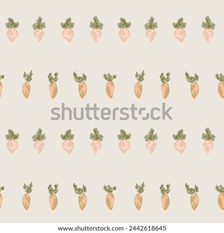 
Mini carrot and turnip farm capturing the spirit of Easter and spring with brown,green,pastel peach,cream. Great for home decor, fabric, wallpaper, gift-wrap, stationery, and packaging design project