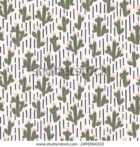 Hand drawn desert cactus with vertical lines forming a stripe pattern in a palette of forest green,sage green,pastel pink, black,off-white. Great for homedecor,fabric,wallpaper,giftwrap,stationery,pac