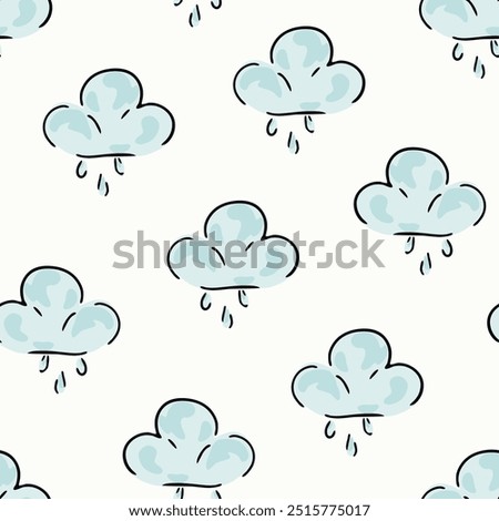 Hand painted fluffy, cute rainy clouds forming an abstract pattern in a color palette of blue, light blue, white and black on an off-white background. A seamless vector pattern. Great for home decor.