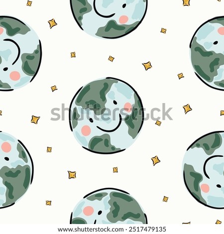 Hand painted happy Earth and twinkling stars forming an abstract pattern of pastel blue, green, yellow, pink and black on off-white background. A seamless vector pattern.  Great for homedecor, fabric.