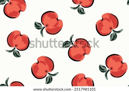 Hand painted crisp apples with green stems and leaves in a non-directional abstract pattern in a color palette of red and green with black outlines on off-white background. A seamless vector pattern.