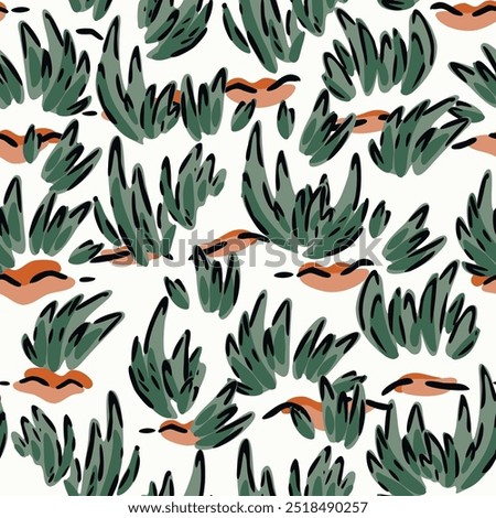 Hand painted wild grasslands and sand in a color palette of forest green, sage green, brown, rust and black on an off-white background. A seamless vector pattern. Great for homedecor, fabric,wallpaper