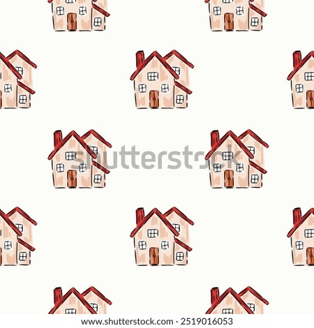 Hand painted cute houses forming an abstract pattern in a color palette of red, peach, black and white on an off-white background. A seamless vector pattern. Great for home decor, fabric, wallpaper.