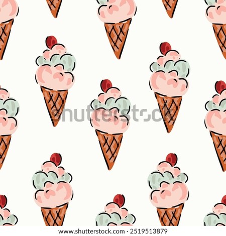 Hand painted fluffy ice cream cones forming an abstract pattern in pastel pink, blue, peach, red, brown and black on an off-white background. A seamless vector pattern.  Great for home decor, fabric.