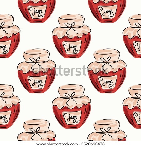 Hand painted glass jars tied with vintage cloth packaging filled with sweet strawberry jam in a color palette of red, peach, cream and black on an off-white background. A seamless vector pattern.