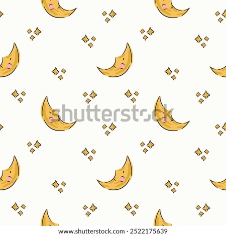 Hand painted cute night sky with blushing moons and sparkling stars in a color palette of yellow, gold, pink and black on an off-white background. A seamless vector pattern. Great for homedecor,fabric