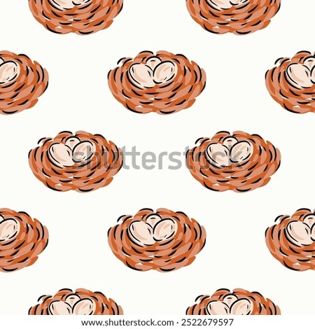 Hand painted cute birds nest with eggs in a color palette of light brown, cream and black on an off-white background. A seamless vector pattern. Great for home decor, fabric, wallpaper, gift wrap.