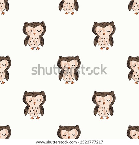 Hand painted cute sleeping owls in a color palette of light brown, cream and black on an off-white background. A seamless vector pattern. Great for homedecor, fabric, wallpaper, gift wrap, stationery.