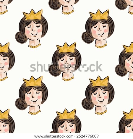 Hand painted regal queen with gold crown and necklace in a color palette of cream, blush pink, gold, black on an off-white background. A seamless vector pattern. Great for homedecor, fabric,wallpaper