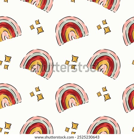 Hand painted colorful rainbows and sparkles in a pastel color palette of red, blue, pink, yellow and black on an off-white background. A seamless vector pattern. Great for homedecor,fabric,wallpaper.