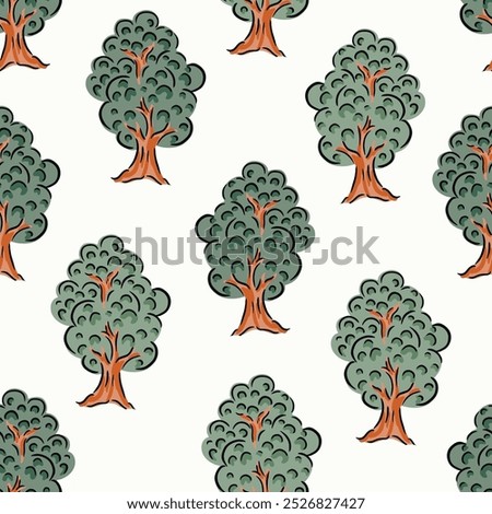 Hand painted sturdy trees with leaves and branches in a forest in a pastel color palette of sage green, forest green, dark green, brown and black on an off-white background. A seamless vector pattern.