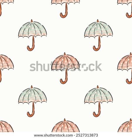 Hand painted umbrellas with polka dots and rounded handles in a pastel color palette of light green, light pink, brown and black on off-white background. A seamless vector pattern. Great for homedecor