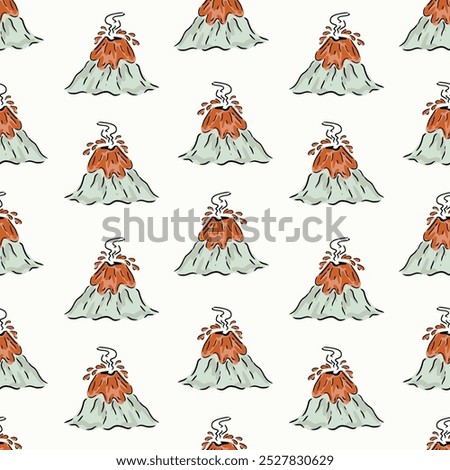 Hand painted volcano mountains spouting lava and smoke in color palette of light gray, red, brown and black on an off-white background. A seamless vector pattern. Great for homedecor,fabric,wallpaper.