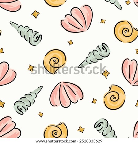 Hand painted scattered sea shells and sparkles in a color palette of light pink, blue, yellow, gold and black on an off-white background. A seamless vector pattern. Great for home decor, fabric.