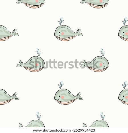 Hand painted little blushing whales spouting water in a color palette of light pink, blue, light gray, cream and black on an off-white background. A seamless vector pattern. Great for homedecor,fabric