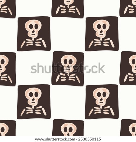 Hand painted x ray images of skeletons showing skulls, ribs and arm bones in cream, peach and dark brown on an off-white background. A seamless vector pattern for Halloween. Great for homedecor,fabric