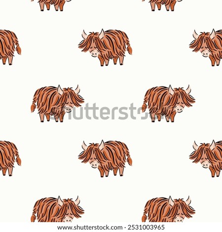 Hand painted sleeping woolly yaks with horns in an abstract pattern in a color palette of dark brown, light brown and peach on an off-white background. A seamless vector pattern. Great for home decor.