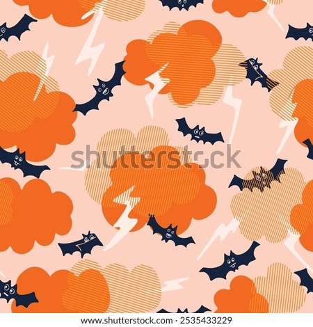 Bats flying around lightning bolts and thunder clouds creating a Halloween spooky scene in color palette of orange, white and black on cream background. A seamless vector pattern. Great for home decor