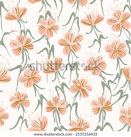 Garden of cream flowers with long pretty stamens on an off-white background. Earthy color palette. A seamless vector pattern. Great for home decor, fabric, wallpaper, gift wrap, stationery, packaging.