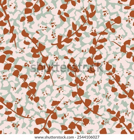 Foliage of leaves and long stems in colors of pastel brown and off white scattered on mint blue background. A seamless vector pattern. Great for home decor, fabric, wallpaper, gift wrap, stationery.